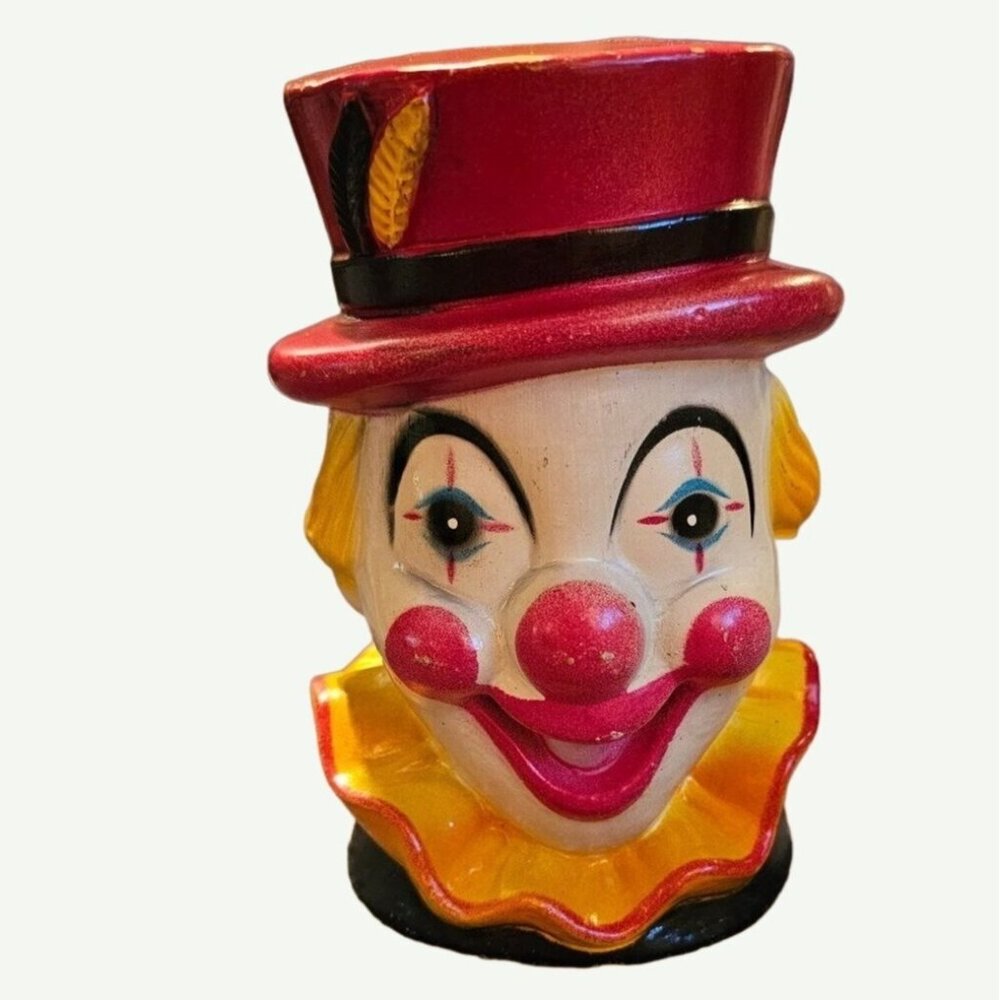 Vintage 1960's Coin Bank Smiling Circus Clown  Bank Hard Plastic Carnival Prize